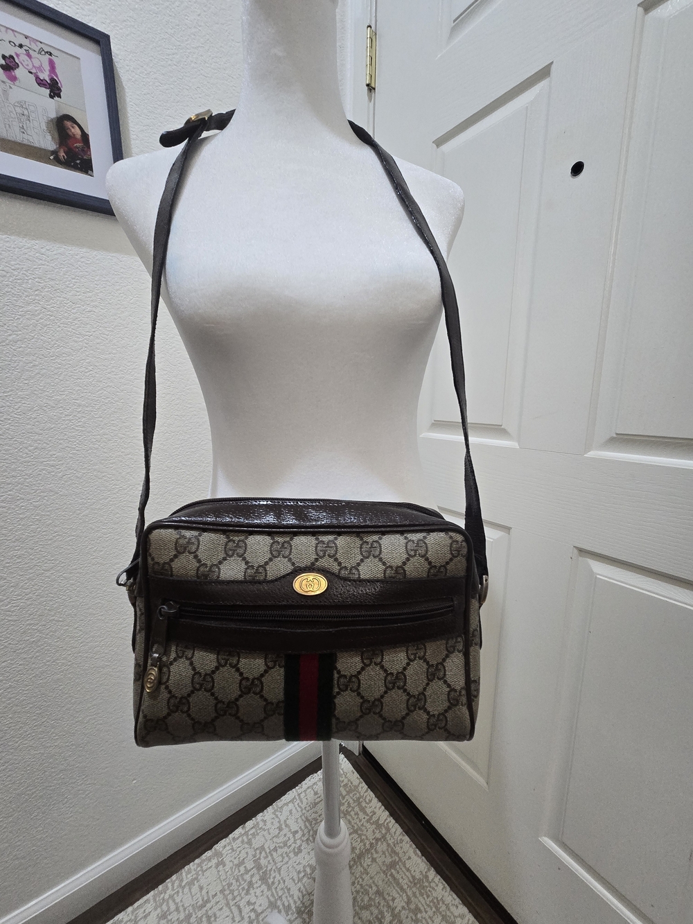 Gucci Brown Monogram Messenger Bag with Red-Green Web
